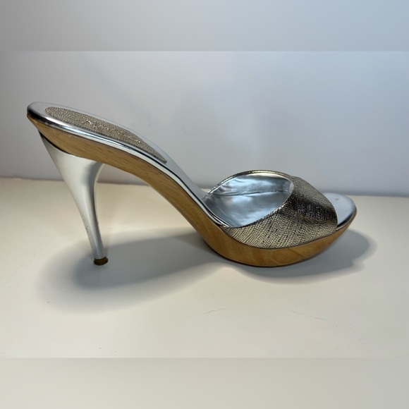 Marciano Silver Stiletto Heel with Wood Platform Textured Metallic Leather Mule - Picture 7 of 11